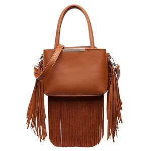 Brown Solid Fringe Medium Satchel Handbag  for Women